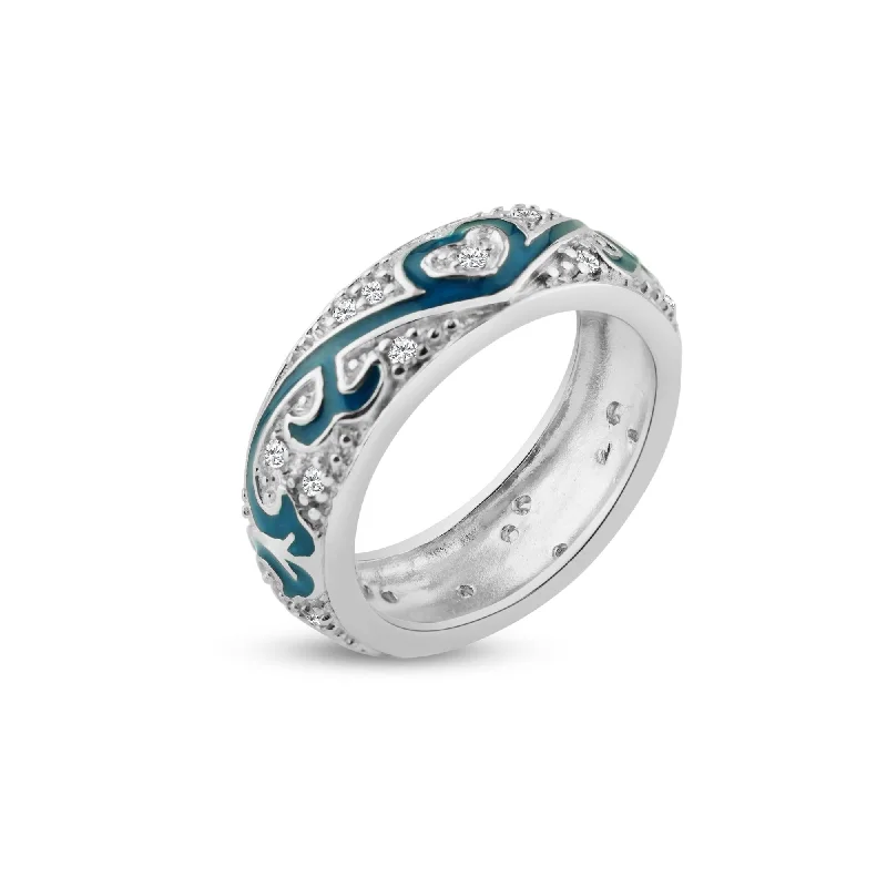 Ladies rings pinky designs-Silver 925 Rhodium Plated Blue Enamel Pave Set CZ Eternity Ring - STR00522