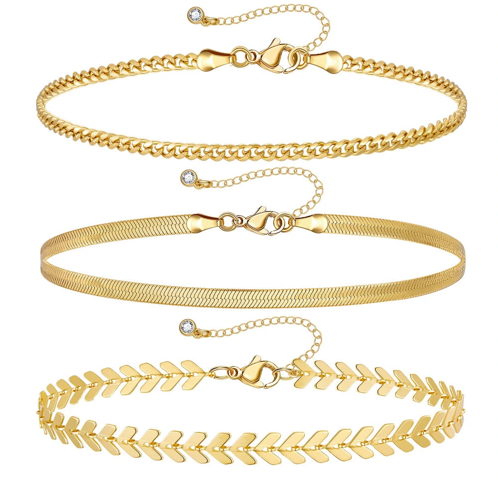 Ladies bracelets vintage charm-Dainty 14k Gold Plated Layering Anklets Bracelets Set-Fishbone & 3mm Cuban & Snake