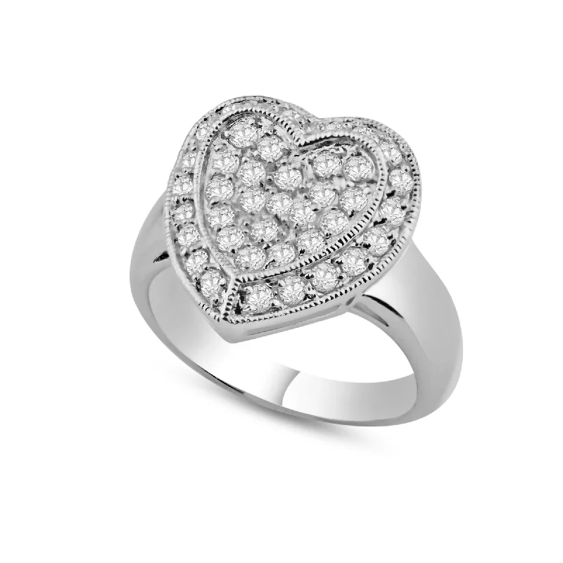 Ladies rings handmade pieces-Rhodium Plated 925 Sterling Silver Pave Set Clear CZ Solid Heart Ring - BGR00025