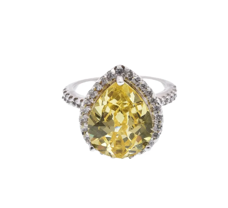 Ladies rings unique styles-Silver 925 Rhodium Plated Yellow Center Clear Cluster CZ Ring - STR00386YEL