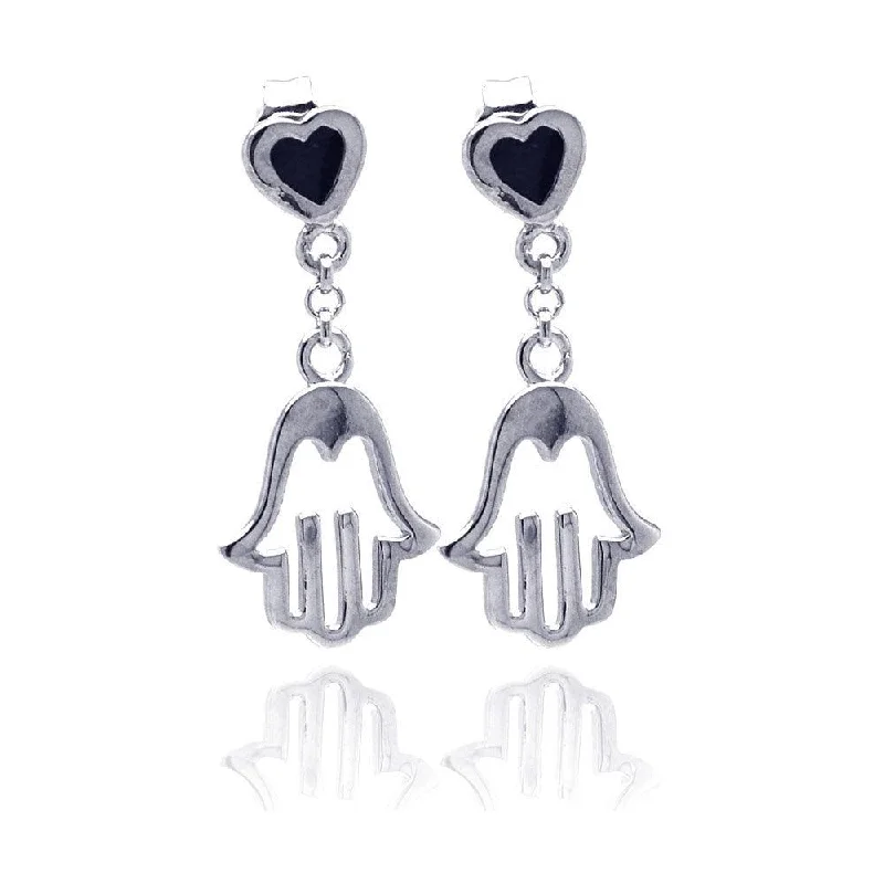 Ladies earrings custom options-Silver 925 Rhodium Plated Black Heart CZ Open Hand Wire Dangling Earrings - STE00776