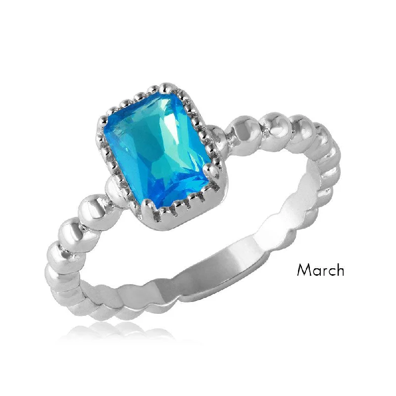 Ladies rings buying advice-March Sterling Silver 925 Rhodium Plated Beaded Shank Square Center Birthstone Ring - BGR01081MAR