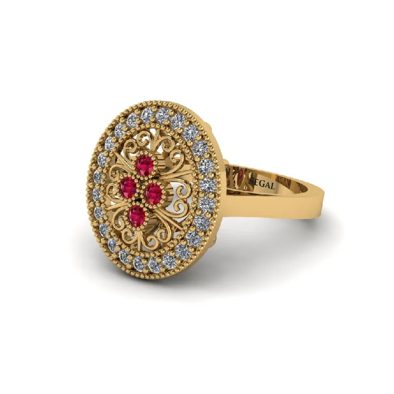 Ladies engagement rings lab-grown diamonds-Ruby Vintage Victorian Floral Halo Engagement Ring - Nina No. 10