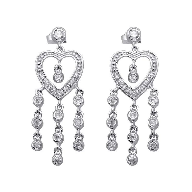 Ladies earrings delicate drops-Clearance-Silver 925 Rhodium Plated Heart CZ Three Strand Dangling Earrings - STE00169