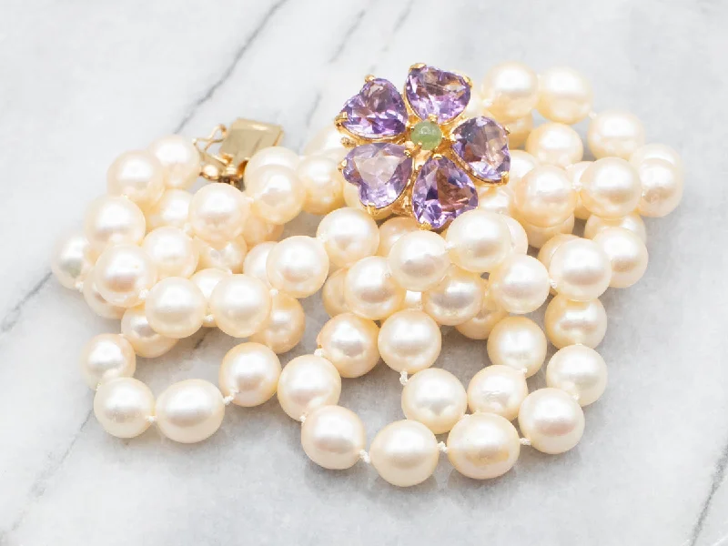 Ladies necklaces modern appeal-Vintage Pearl Necklace with Amethyst and Jade Floral Clasp