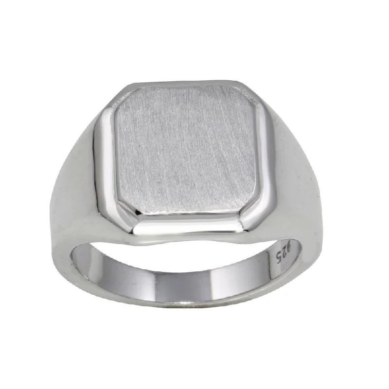 Ladies rings latest trends-Rhodium Plated 925 Sterling Silver Engravable Octagon Ring with Matte Finish - BGR01240