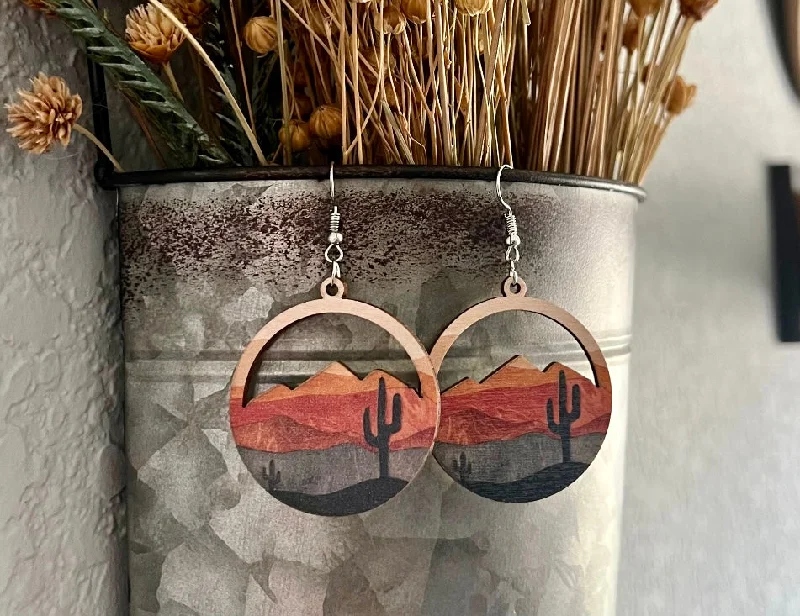 Ladies earrings online shopping-Round Wooden Desert Cactus Drop Earrings