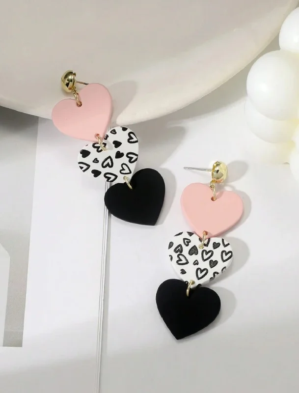 Ladies earrings chandelier trends-Beautiful Light Pink, Black, and White Acrylic Heart Earrings