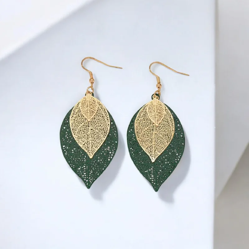 Ladies earrings ruby gems-Beautiful Green and Gold Leaf Earrings