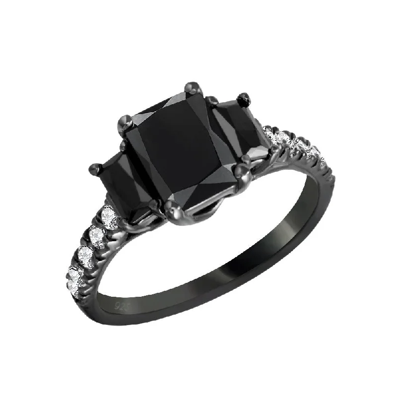 Ladies rings size guide-Black Rhodium Plated 925 Sterling Silver Black and Clear CZ Past Present Future Ring - ACR00003BLK