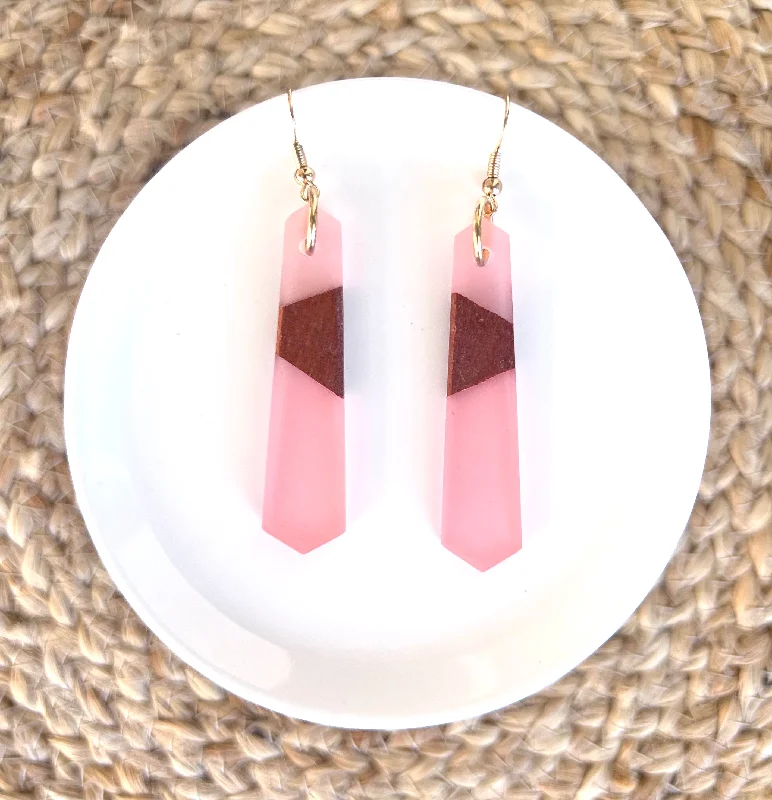 Ladies earrings diamond accents-Wood and Pink Resin Earrings