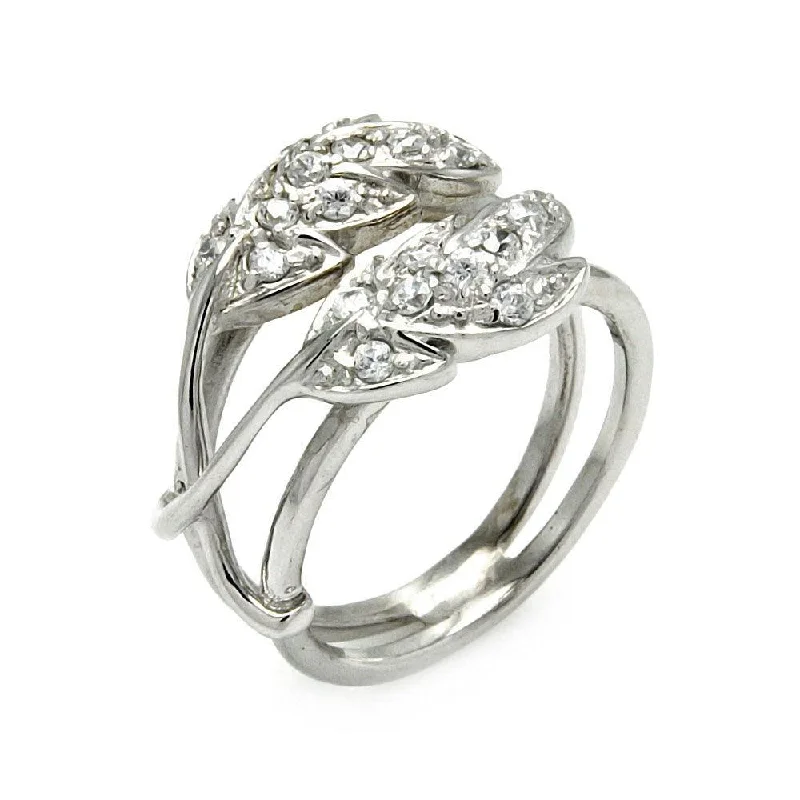 Ladies rings elegant looks-Clearance-Silver 925 Rhodium Plated CZ Double Leaf Ring - STR00282