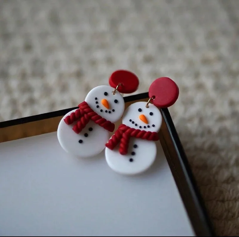 Ladies earrings floral accents-Adorable Polymer Clay Snowman Stud Drop Earrings