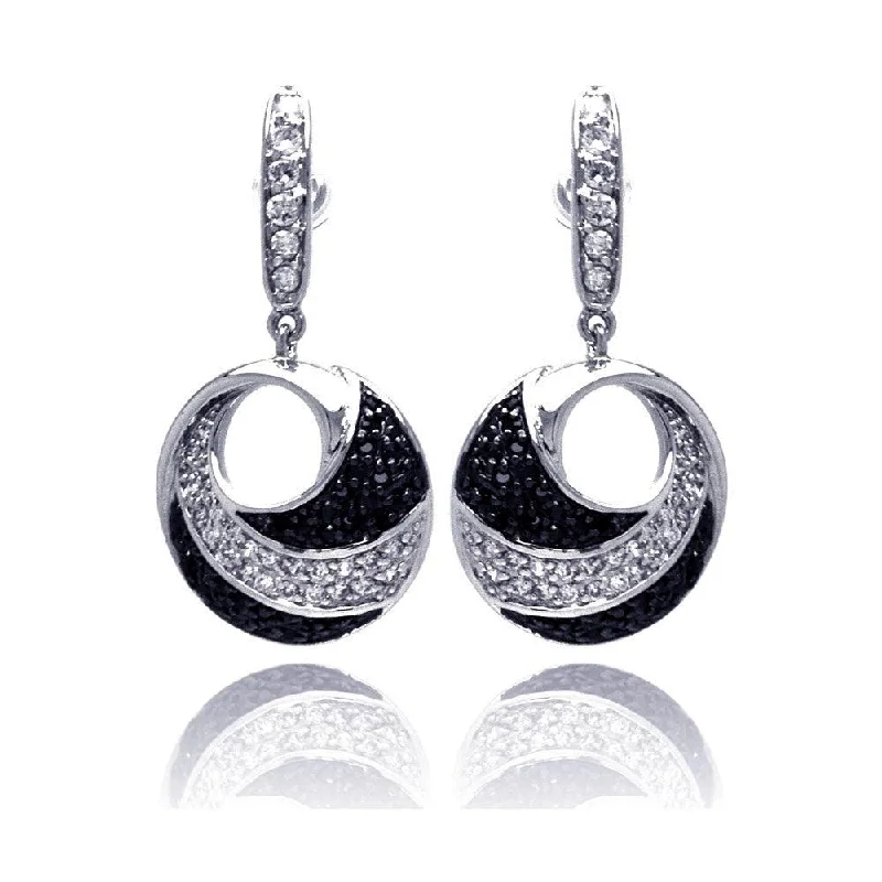 Ladies earrings memory keepsakes-Clearance-Silver 925 Black and Silver Rhodium Plated Open Circle Black and Clear CZ Earrings - BGE00128