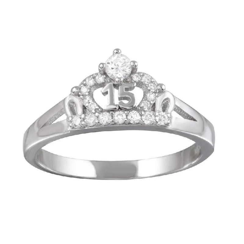 Ladies rings natural stones-Rhodium Plated 925 Sterling Silver Crown 15 Ring with CZ - TMR00004