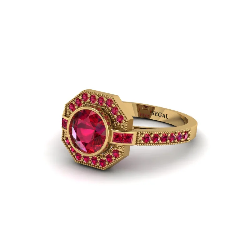 Ladies engagement rings floral motifs-Ruby Octagon Halo Engagement Ring - Leia No. 55