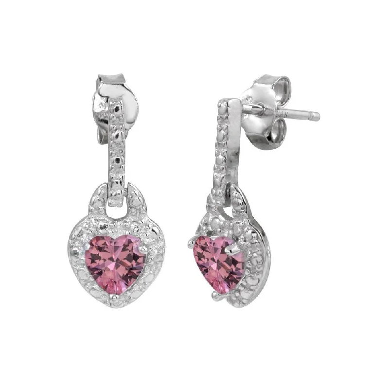 Ladies earrings standout designs-Silver 925 Rhodium Plated Heart Shaped Pink CZ Dangling Earrings - STE00104PNK