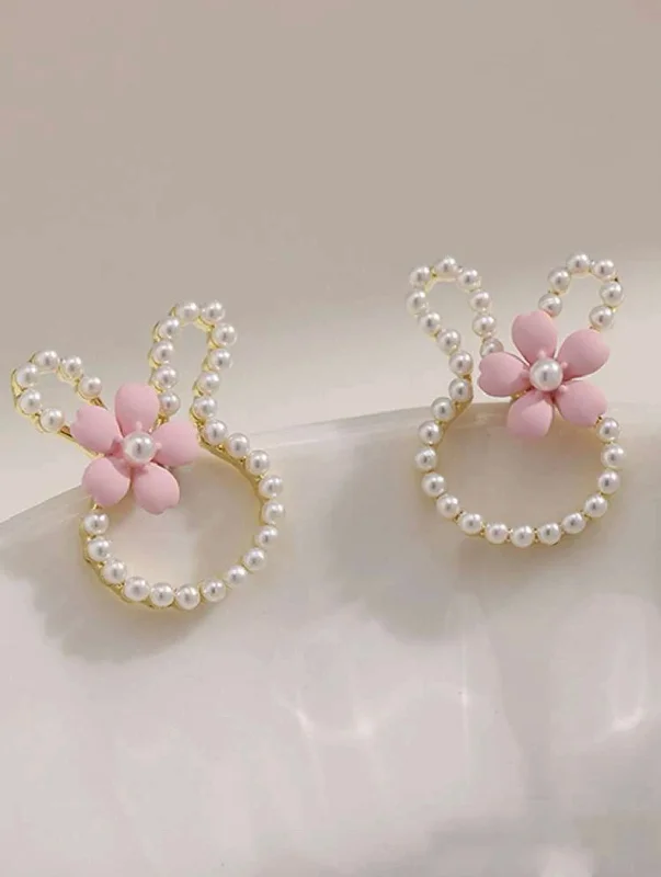 Ladies earrings friendship pairs-Easter Bunny Earrings with Pearls and a Pink Dainty Flower