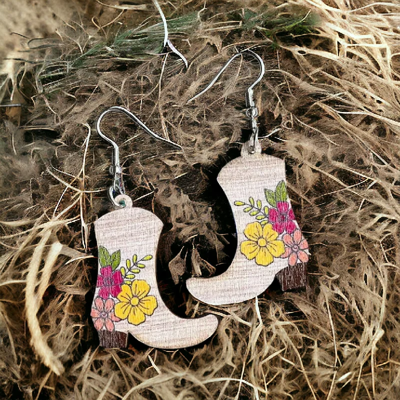 Ladies earrings cute accents-Wooden Floral Cowboy Boot Drop Earrings