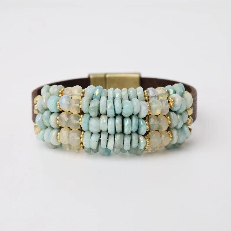 Ladies bracelets worldwide appeal-Coated Amazonite, Opal, Vermeil Spacers Leather Bracelet