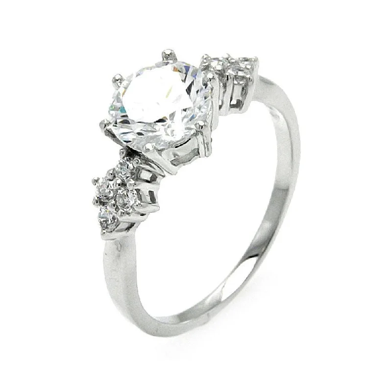 Ladies rings thumb styles-Silver 925 Rhodium Plated Round Center Diamond Shaped Sides CZ Bridal Ring - BGR00571