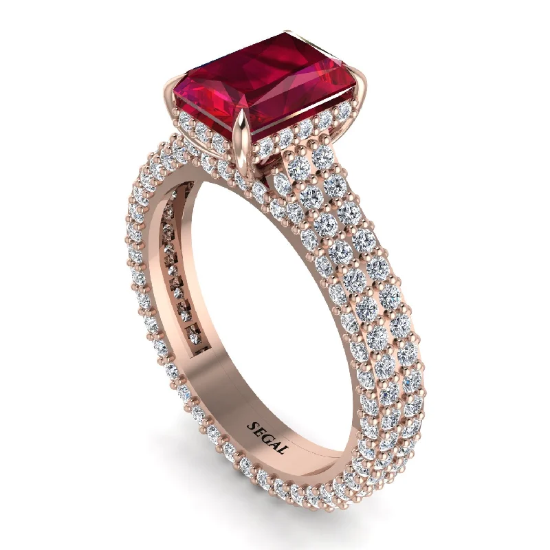 Ladies engagement rings ruby gems-Radiant Cut Ruby Pave Engagement Ring - Kenzie No. 11