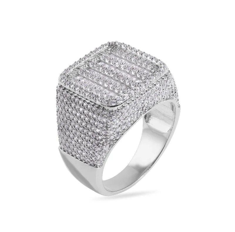 Ladies rings index finger-Rhodium Plated 925 Sterling Silver Statement Baguette Clear CZ Studded Square Top 17.5mm Ring - GMR00385