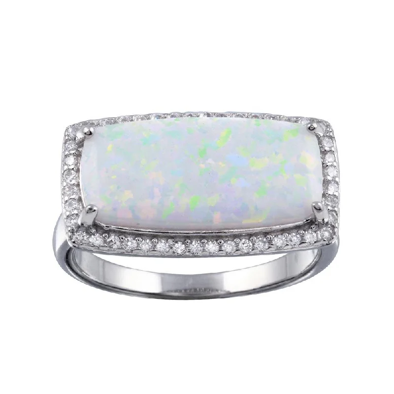 Ladies rings viral picks-Rhodium Plated 925 Sterling Silver Rectangular Opal Stone Ring with CZ - BGR01286