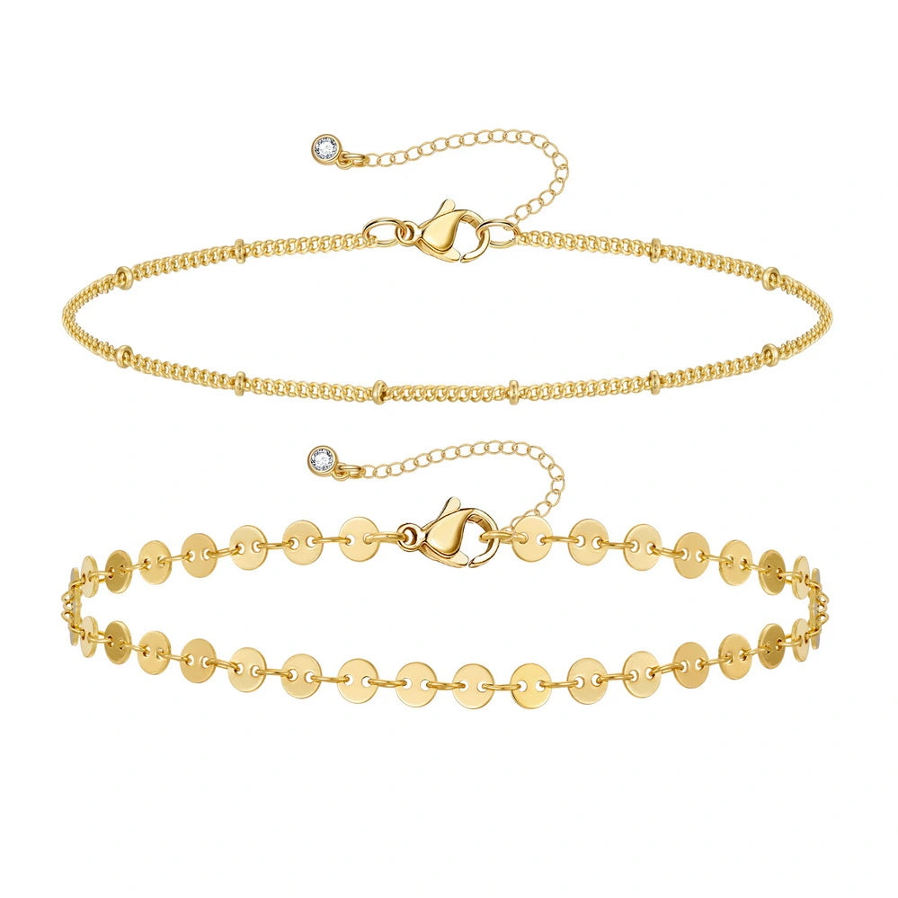 Ladies bracelets girlfriend treats-Dainty 14k Gold Plated Layering Anklets Bracelets Set-Sequin & Satellite