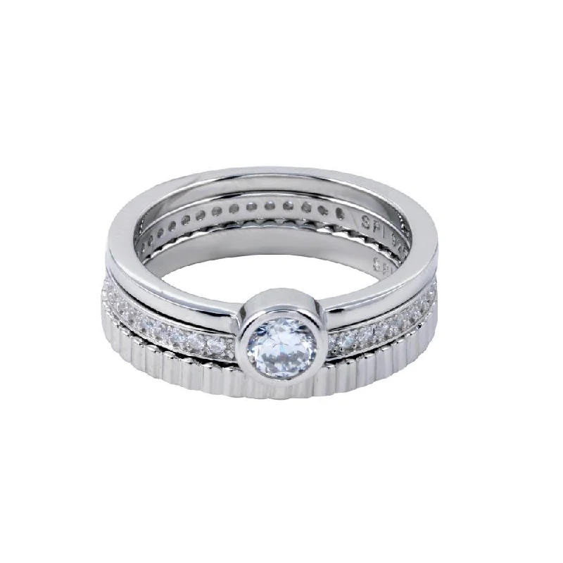 Ladies rings jade accents-Rhodium Plated 925 Sterling Silver Channel Center CZ Stackable Ring Set - STR01125