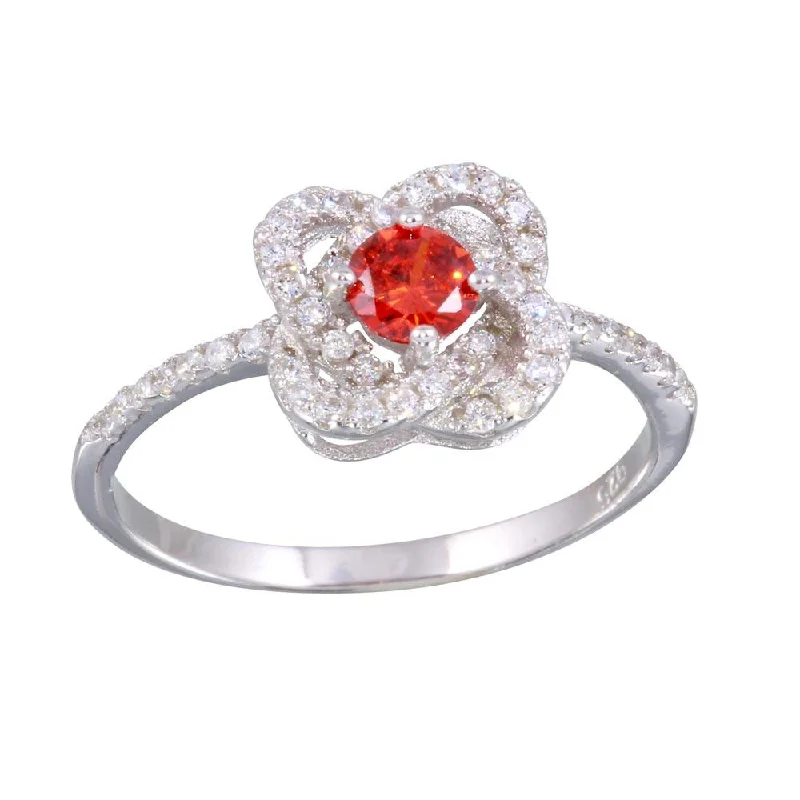 Ladies rings white gold-Rhodium Plated 925 Sterling Silver CZ Knot Red Center Stone Ring - BGR01141RED