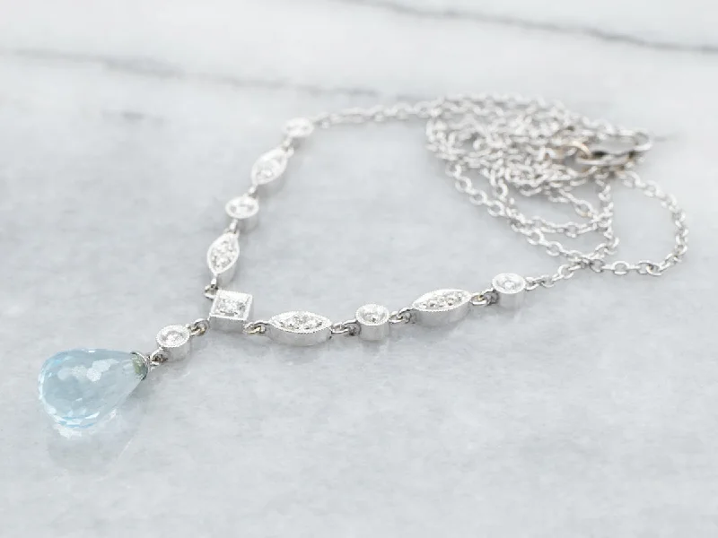 Ladies necklaces age suitability-White Gold Blue Topaz Briolette Necklace with Diamond Accents