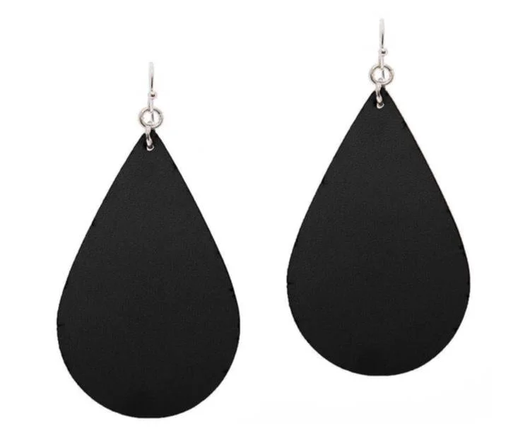 Ladies earrings minimalist looks-BLACK FAUX LEATHER DROP EARRINGS