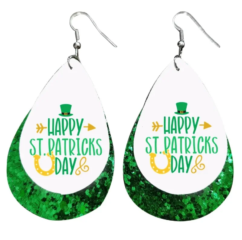 Ladies earrings cute accents-Happy St. Patrick's Day Leather Drop Earrings