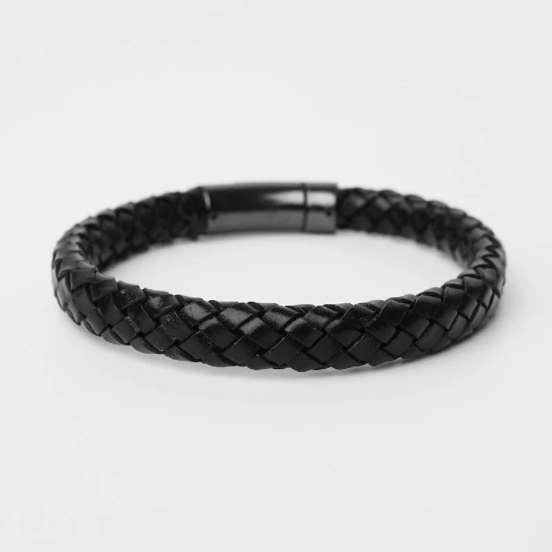 Ladies bracelets diamond accents-Larger UniSex Size Hand Braided Black Leather Bracelet