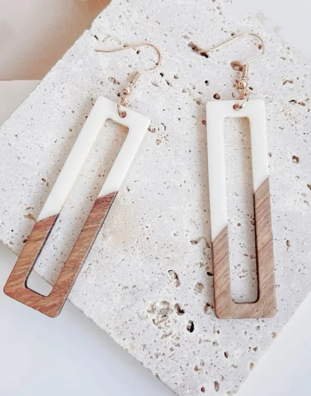 Ladies earrings gift choices-Beautiful White and Wood Rectangular Drop Earrings