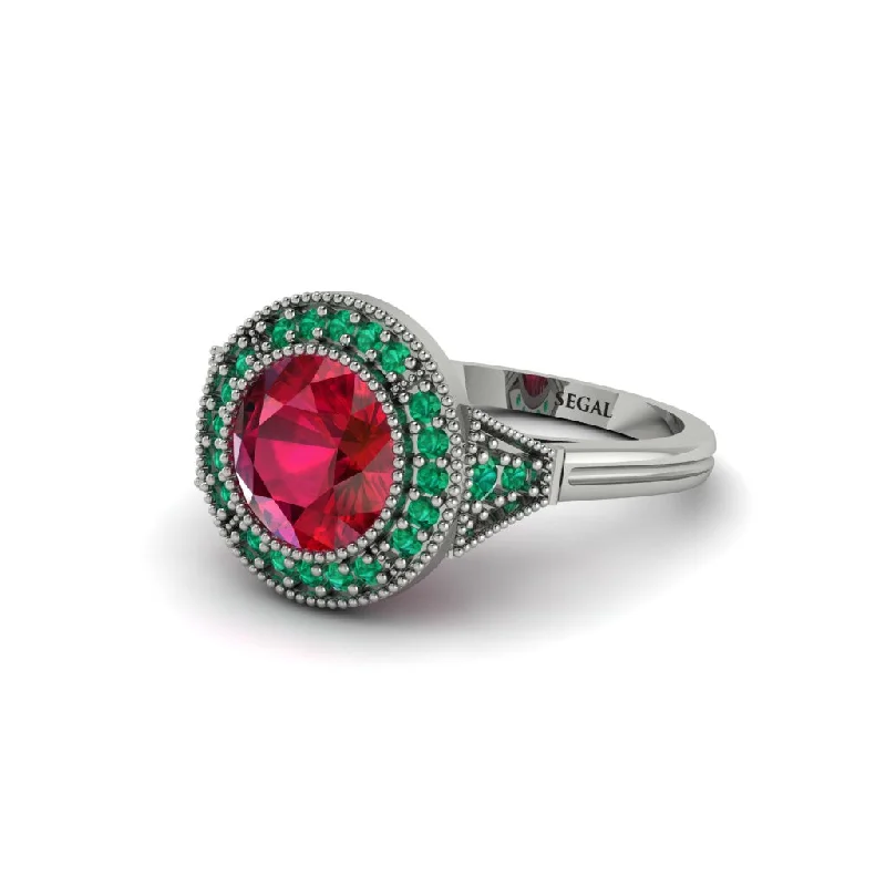 Ladies engagement rings diamond cuts-Round Cut Ruby Milgrain Halo Engagement Ring - Maggie No. 27