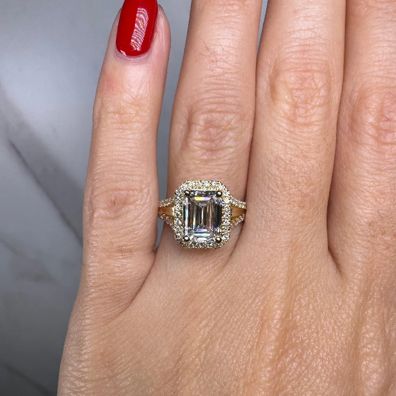 Ladies engagement rings statement rings-"Hazelena" Emerald Cut with Halo and Diamond Shoulder Engagement Ring