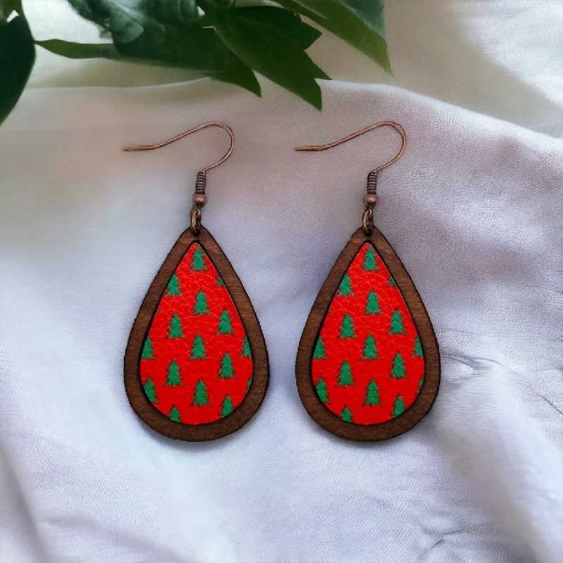 Ladies earrings e-commerce sites-Wood and Leather Christmas Tree Drop Earrings