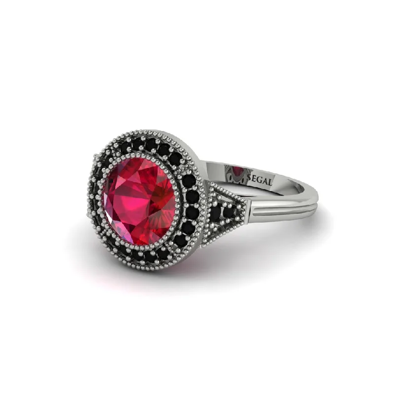 Ladies engagement rings luxurious looks-Round Cut Ruby Milgrain Halo Engagement Ring - Maggie No. 42