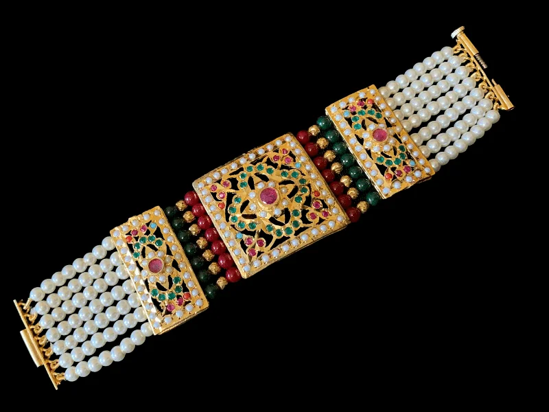 Ladies bracelets colorful gems-B67 Saira jadau bracelet in navratan with ruby green beads     ( READY TO SHIP )