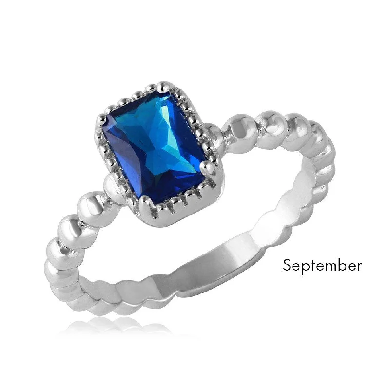 Ladies rings modern appeal-September Sterling 925 Silver Rhodium Plated Beaded Shank Square Center Birthstone Ring - BGR01081SEP