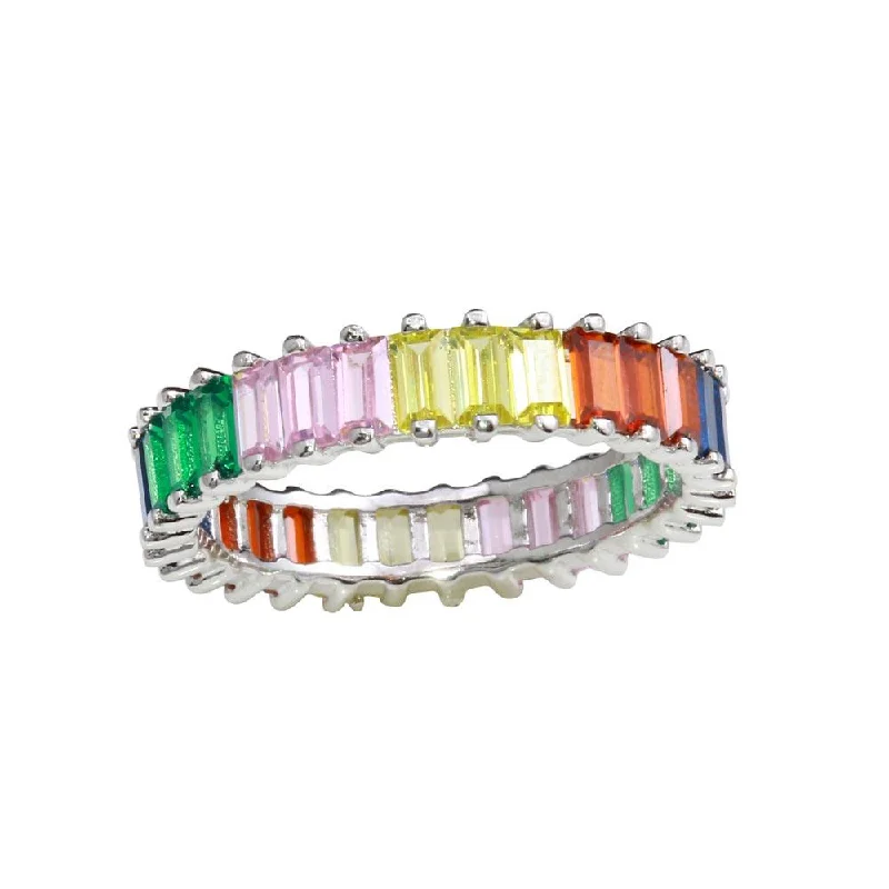 Ladies rings heart shapes-Rhodium Plated 925 Sterling Silver Multi-Colored Rectangular CZ Stone Ring - GMR00208RBC