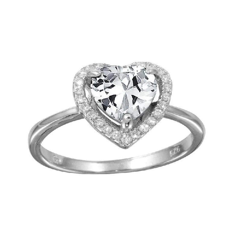 Ladies rings heart shapes-Rhodium Plated 925 Sterling Silver Clear Halo Heart Ring - BGR01139CLR