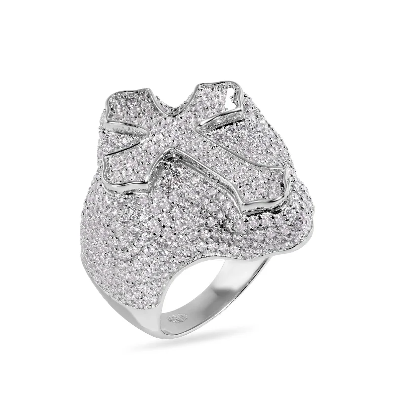 Ladies rings latest trends-Rhodium Plated 925 Sterling Silver Cross Clear CZ Studded Top 30mm Ring - GMR00392