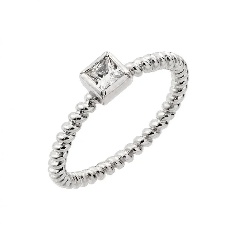 Ladies rings Mother’s Day-Silver 925 Rhodium Plated Clear Square Center CZ Bead Ring - BGR00857