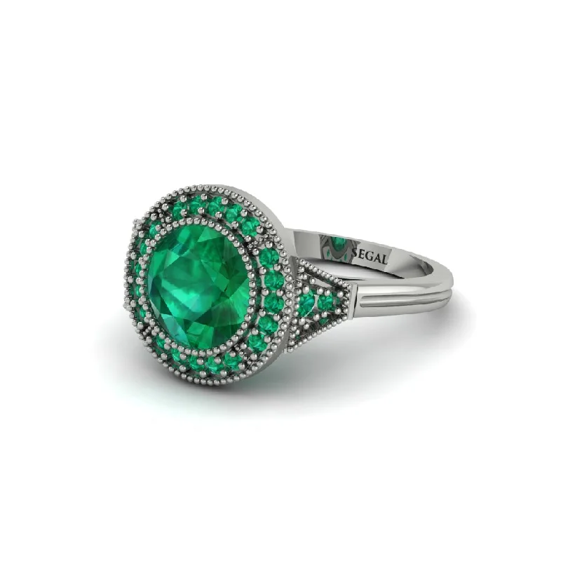 Ladies engagement rings titanium options-Round Cut Emerald Milgrain Halo Engagement Ring - Maggie No. 21