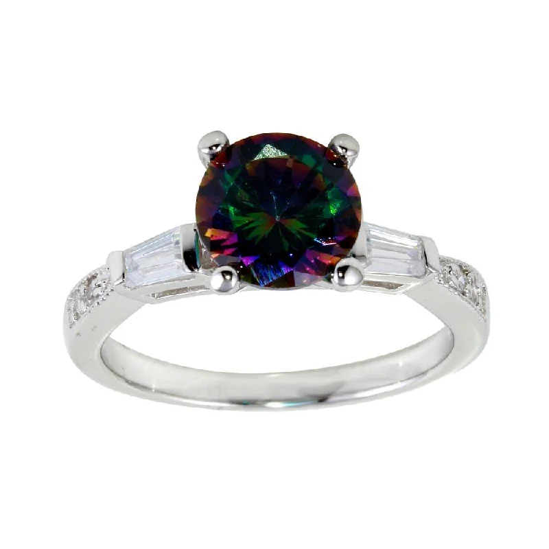 Ladies rings holiday gifts-Rhodium Plated 925 Sterling Silver Oval Solitaire Synthetic Mystic Topaz Baguette Shank CZ Ring - BGR01261