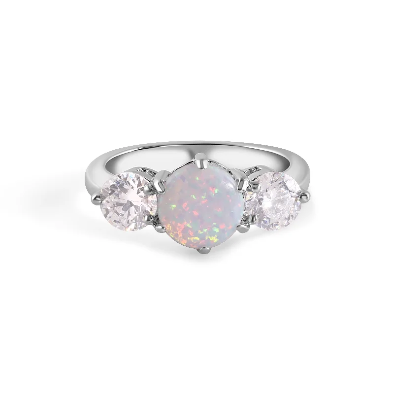 Ladies rings diamond accents-Rhodium Plated 925 Sterling Silver Three Stone Trellis Syntethic Opal and Clear CZ Ring - BGR01012