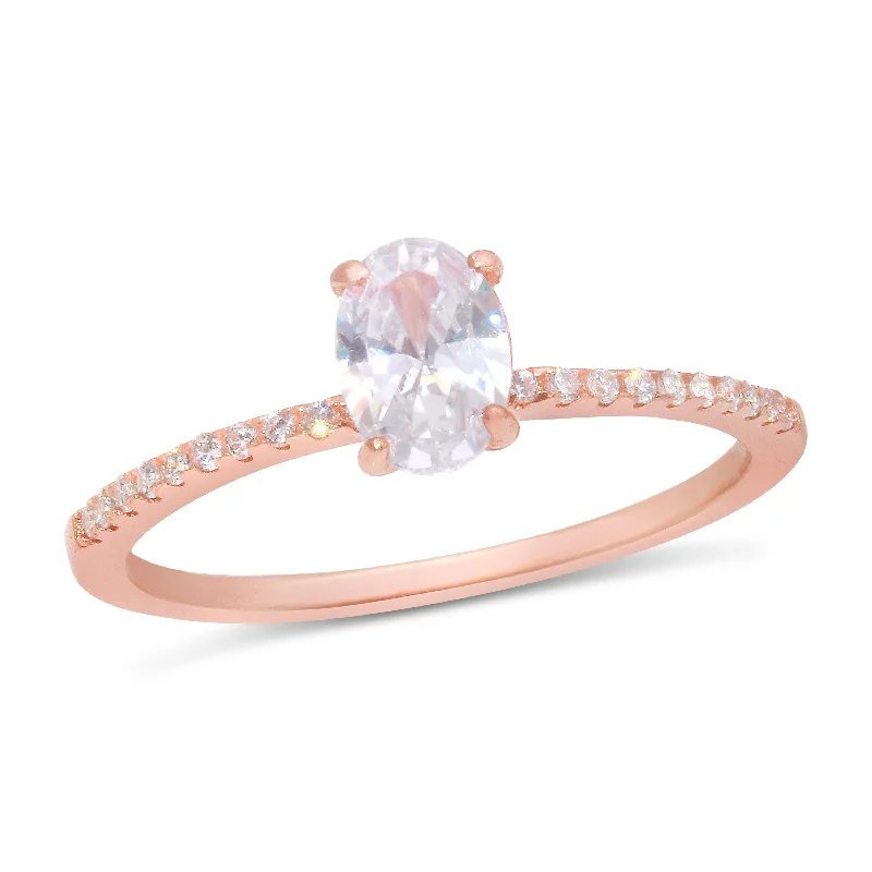 Ladies rings index finger-Rose Gold Plated 925 Sterling Silver Center Oval CZ Stone Ring - BGR01178RGP